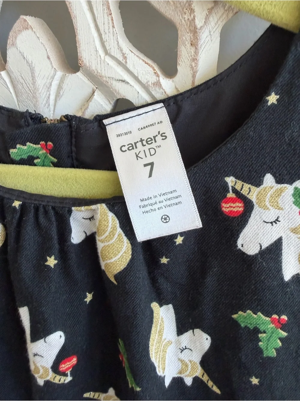 Carter’s Girls Christmas Unicorn Dress Size 7 Black Gold Holiday